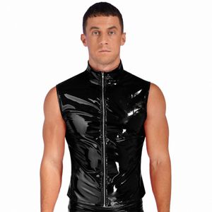 Erkek parlak patent deri mahsul üstleri patent patent deri standı yakalı yelek üst kulüp fermuar kolu ceket gotik punk clubwear f5ab#
