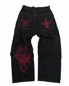 Y2K Jeans Mens Hip Hop Retro Skull Embroidery Wed Baggy Denim Pants New Straight Casual Loose Wide Leg Byxa Streetwear 129w#