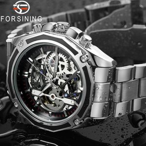 Forsining Men Watch Stainless Steel Military Sport Wristwatch Skeleton Automatic Mechanical Male Clock Relogio Masculino 0609 Y1903108