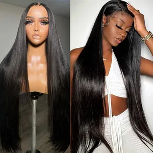 baby hair Straight 13x6 Lace Frontal Human Hair Wig Natural Color 34 Inch 4x4 Transparent Lace Closure Wig for Black Women