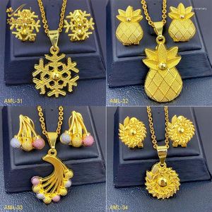 Colar brincos conjunto aniid etíope nupcial 24k cor de ouro flor árabe colar com pingente jóias para dubai presentes de festa