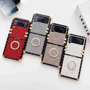 Cell Phone Cases New Luxury Fashion Square Jewelled Leather Case For Samsung Galaxy Z Flip 5 4 3 Ring Holder Shockproof Cover Fundas Glitter Case H240326