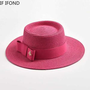 Wide Brim Hats Bucket Hats New spring and summer straw hat suitable for women with round and uneven surfaces flat top bow dress travel hat beach sun hat Gorra J240325