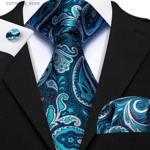 Neck Ties Neck Ties Barry.Wang Teal Silk Necktie For Men Paisley Woven Jacquard Handkerchief Cufflinks Set Groom Wedding Business Party Designer Y240325