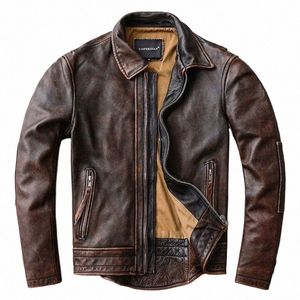 brun naturlig ko läderrock vintage jacka män motorcykel smal fit lapel retro gammal bomber flygare äkta lädermens jacke w6gs#