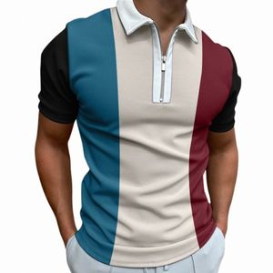 Mäns solida färg randig poloskjorta Kort ärmgolfgolf Turn-Down Collar dragkedja Polo Shirtfor Men Casual Streetwear Summer Tops Z17M#