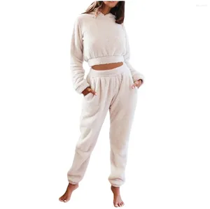 Women's Sleepwear Thickened 2pcs Coral Velvet Pajamas Long Sleeve Pullover Hooded Casual Trousers Double-sided Plush Warm Pijama For Women