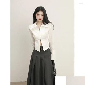Womens Blouses Shirts Slim Crop Long-Sleeve Women Simple Elegant Office Lady Y2K Chic Zipper Korean Style Trendy Streetwear Inside Dro Ottoh