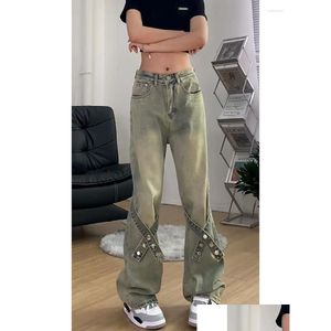 Kvinnors jeans 2023american trend mode retro high street vibe stil strappy tvättade gamla smala raka raka bredbensbyxor droppe leverera otazm