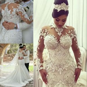 High-neck Dubai Mermaid Dresses Gowns Sheer Sleeves Beaded Lace Applique Wedding Gown Sexy Tulle Long Bridal Dress