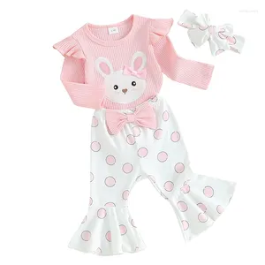 Kleidungssets Säugling Baby Mädchen Ostern Outfits Stickerei Rüschen Lange Ärmel Sweatshirt Strampler Hosen Stirnband 3PCS Set