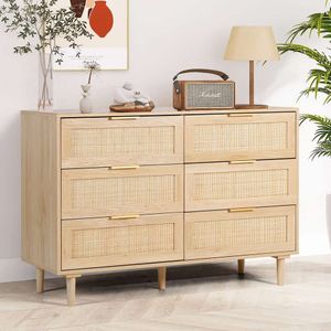 FUQARHY 6 Drawer Rattan Dresser Modern with Drawers,wood Storage Closet Dressers Chest of Drawers for Bedroom,living Room,hallway (natural)