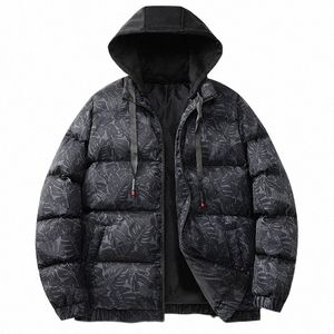 2023 New Leaf Print Parkas Coat for Men Windproof Warm Winter Jacket Men Outerwear Casual Hooded Thicken Parkas Men Windbreakers f7O1#