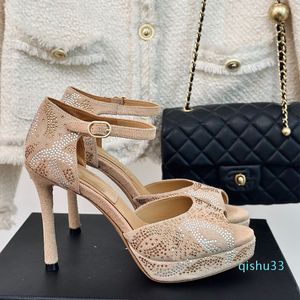 Womens Shiletto Heels Sandals Platform Cenered Diamond-Rhinestone Suede Dress Shoes أحذية قابلة للتعديل في الكاحل