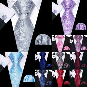 Neckband Barry.Wang Designer Silk Mens Tie Hankerchief Cufflinks Set Jacquard Paisley Silver Pink Blue Neckie For Wedding Party Business Y240325