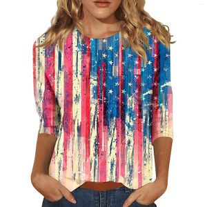 Women's T Shirts 3/4 Sleeve For Women Independence Day Print Graphic Tees Blouses Casual Plus Size Basic Tops Pullover Youthful Woman