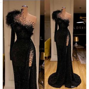 Real Image Chic Evening Dresses Glitter Sequins Feather Beads Ruffles Formal Prom Dress Custom Made Sweep Train Long Party Gown