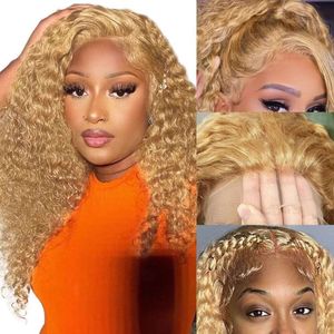 SFD Honey Perücken 13x4 HD Blonde Deep Wave 150% Dichte vorgezupft #27 Farbige lockige Lace-Front-Perücke Echthaar 14 Zoll