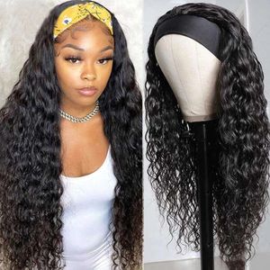 Urgirl Wet and Wavy Human Brazilian Virgin Water Wave for Black Women 150% Density Glueless Non Lace Front Wigs Half with Headband Curly Hair Band Wig 18inch