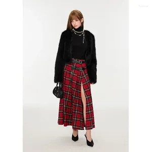 Skirts Women Skirt Pattern Long Buckled Pleated Sexy Wrap Belt Slit Retro Street Style Red Plaid A- Line Spring