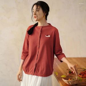 Women's T Shirts Basic Women Shirt 2024 Summer Fashion Three Quarter Solid Color Loose Cardigan Retro Lady Blouse Female YoYiKamomo