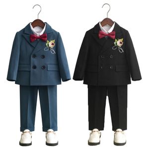 Boys Double Breasted Dress Suit Set Autumn Winter Child Birthday Party Wedding Host Costumes Kids Blazer Pants Bowtie Clothes 240312