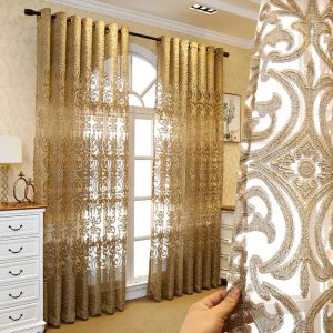 Cortinas luxuosas europeias douradas bordadas de tule para sala de estar romântica semitransparente jacquard voile porta janela zh431h