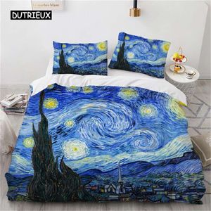 Duvet Starry Night Van Gogh Oil Painting Bedding Set Polyester Landscape Sky Star Art Comforter Cover Kids Adult Bedroom