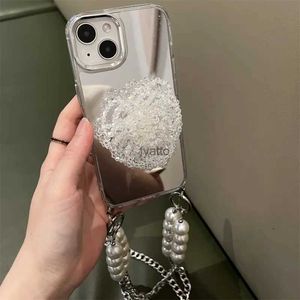 Cep Telefon Kılıfları Japonya Koreli Şeffaf Kristal Çiçek Braketi Crossbody Kirap Zinciri Yumuşak Kılıf İPhone 13 12 11 14 Pro Max Mirror Cover H240326