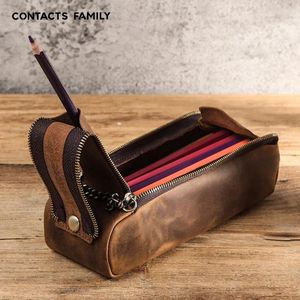 Wallets Retro Zipper Pen Pencil Bag Handmade Vintage Genuine Leather Pens Case Storage Pouch School Stationary Large Capacity Easy Carry