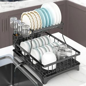 Kitchen Storage Double Dish Draining Rack Countertop Sink Bowl With Drainboard Household Chopsticks Spoon Organize