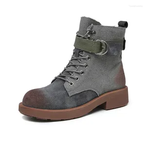 Walking Shoes Women's Work Combat Boots Lace Up Zipper Design Fashion Low Heel Vandring Round Toe Canvas Upper Ankle Booties