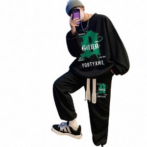 men's Waffle Casual Suit O-neck Lg Sleeve Sweatshirts Sweatpants New Autumn Tracksuit Korean Style Loose Fi Two Piece Set j0W8#