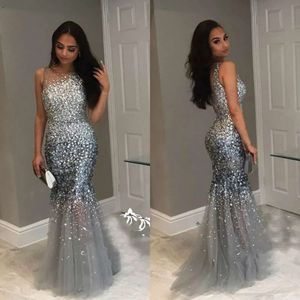 Prom Dresses Glittering Sheer Neck Sleeveless Crystal Beaded Tulle Mermaid Evening Dress Formal Gowns Vestido De Festa