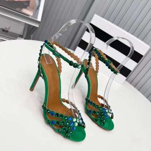 2023 Spring/Summer New Fairy Fashionable One Line Buckle High Heel Shoes With Thin Heels Roman Water Diamond Fish Mouth Sandals