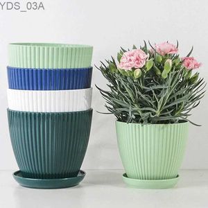 Planters Pots Plastic Flower Pot Succulent Potted Round Pot with Tray Vertical Striped Planters Double Layer Bonsai Home Office Desktop Decor 240325