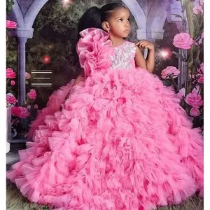 Organza Pink Pageant Quinceanera Dresses For Little Girls Halter 3D Floral Flowers Lace Flower Girl First Communion Dress