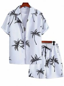 herrskjorta set 3d tryck strand cocut träd pläd lapel kort ärm avslappnad skjorta strand shorts sommar streetwear hawaiian kostymer b1j9#