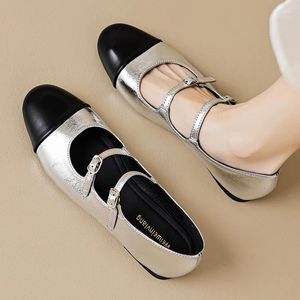 Freizeitschuhe 2024 Doppelte Gürtelschnalle Ballette Damen Mischfarbe Silber Ballerina Wohnungen Frauen Party Hochzeit Müßiggänger Runde Zehen Mary Janes