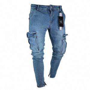 mens elastico skinny jeans strappati uomo tasca laterale wed slim denim pantaloni biker jeans fi pantaloni sportivi pantaloni hip hop jogger o7g3 #