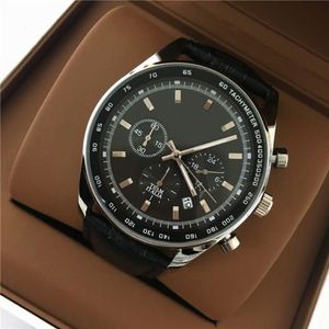 Big Dial 42 mm luksusowy człowiek czarny skórzany zegarek wszystkie subdials robiąc stal nierdzewna najwyższej jakości zegarek mody kwarcowy kropla shippin249s