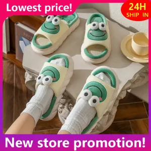 Tofflor Cartoon Cute Frog Linen Slippers för kvinnor tjocka botten hemskor bomullslinne par inomhus tofflor roliga manliga hem glider