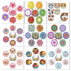 Stitch Chenistory 6st Diy Diamond Målning Animal Blommor Coaster Drink Cup Cushion Diamond Embrodery Kit för restaurangdekor Set