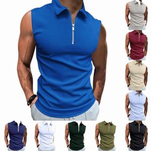 Ny Summer Fi Fitn Zipper Solid Men's Beach Polo Shirt ärm Vest T-shirt Casual Polo Shirt av hög kvalitet 34RQ#