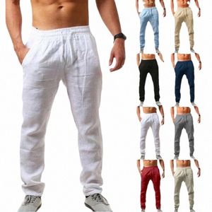 2022 Men's New Fi Casual Sport Pants Elastic Waist Cott and Linen Solid Color Trousers Z0GB#