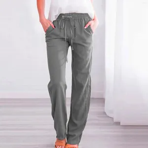 Women's Pants Summer Cotton Drawstring Wide-Leg Loose Elastic Comfy Straight Leg Long Trousers With Pocket Streetwear