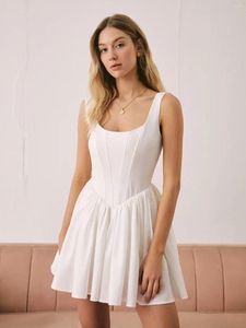 Casual Dresses 2024 Chiffon Elegant Solid Short Dress Women Square Neck Back Zipper Sleeveless High Waist A-line Mini Fashion