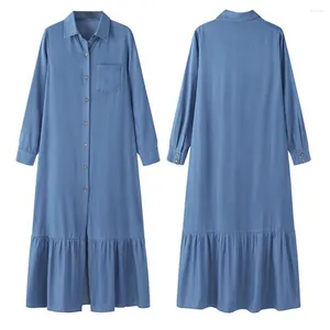 Casual Dresses Long-sleeved Dress Women Solid Color Elegant Denim Maxi With Ruffle Patchwork Flowy Hem Women's For Travel