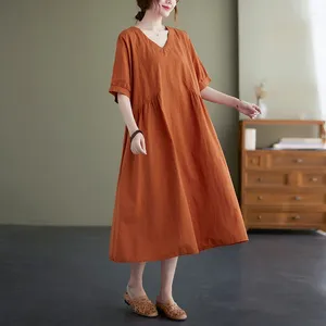 Partykleider 2024 Ankunft Kurzarm Mode Sommerkleid V-Ausschnitt Weiche Baumwollmischung Bürodame Arbeit Frauen Midi Casual