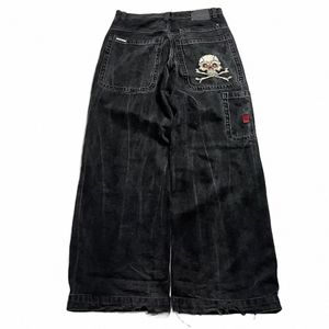 JNCO Jeans New Harajuku Hip Hop Retro Skull Grafisk broderad baggy denim Pants Y2K Men Kvinnor Goth High midja breda byxor J596#